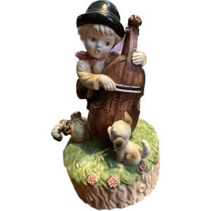 Porcelain Music Box VTG Expressive Boy Playing Cello for Dog Japan Music Decor
